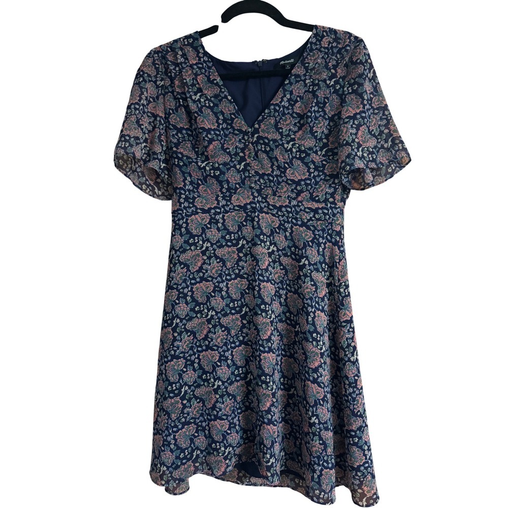 Madewell Orchard Flutter Sleeve Floral V-Neck Mini Dress Navy Blue Pink Size 0 - Picture 2 of 8